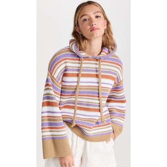 Rebecca Taylor Cotton Multi Colored Chevron Striped Knit Sweater Hoodie Small - Picture 1 of 9